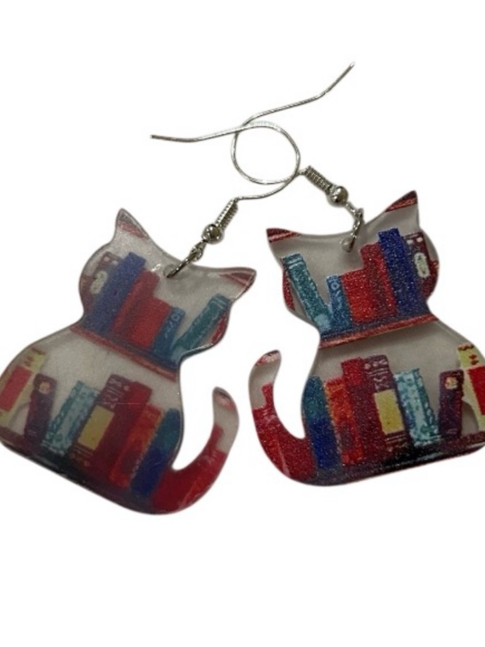 Cat-Shaped Bookstack Drop Earrings - Multicolor Library Cat.